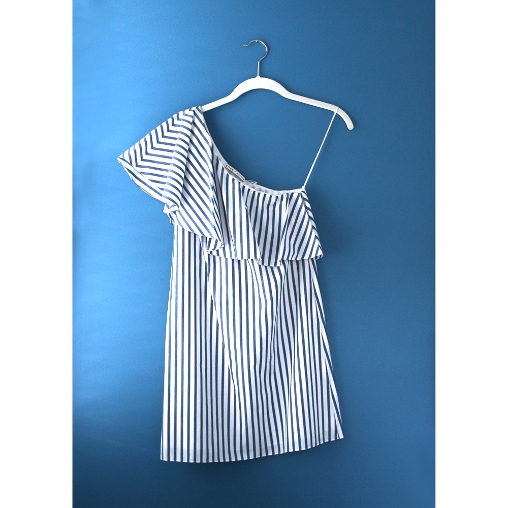 Alice + Olivia Ruffled One Shoulder Striped Dress